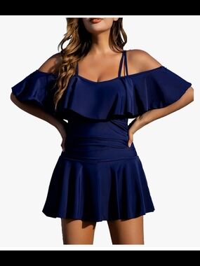 NWOT Cocopear Navy Cold-Shoulder Ruffle Swim Dress